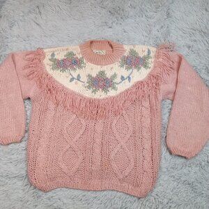 Vintage Nuggets Womens Sweater Pink‎ L Open Knit Stretch Casual Cozy Grandma